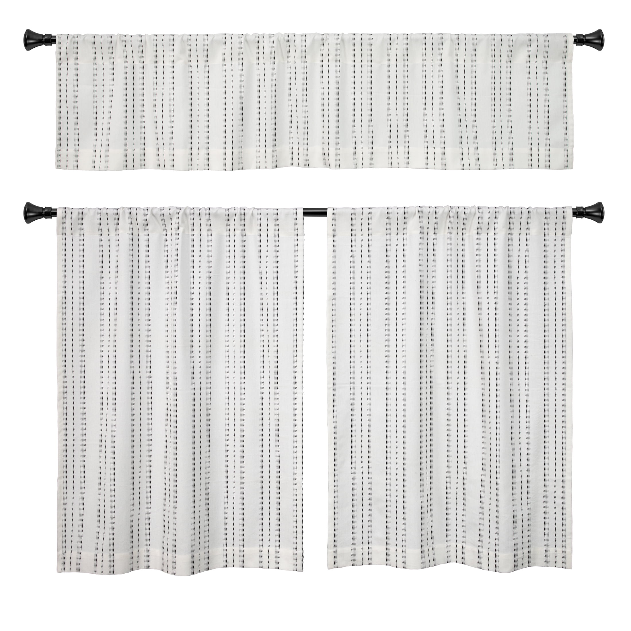(2 pack) Better Homes & Gardens Luna 3-Piece Ivory/Black Pick Stitch Stripe Kitchen Curtain Set