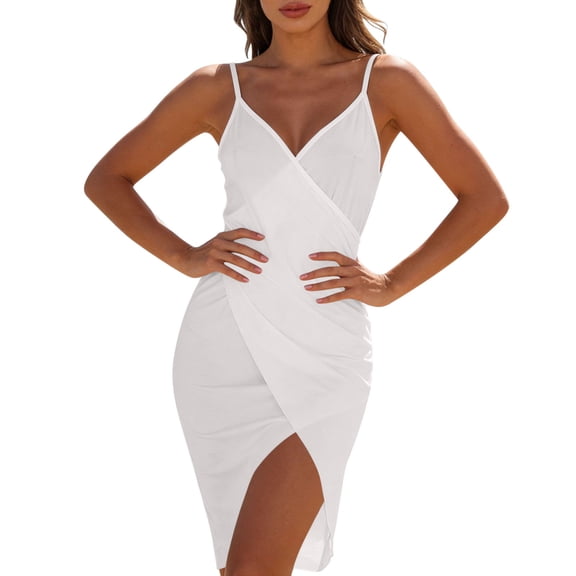 Dvprdro Womens V Neck Spaghetti Strap Midi Dress Solid Color Sleeveless Beach Swimwear Cover Up Party