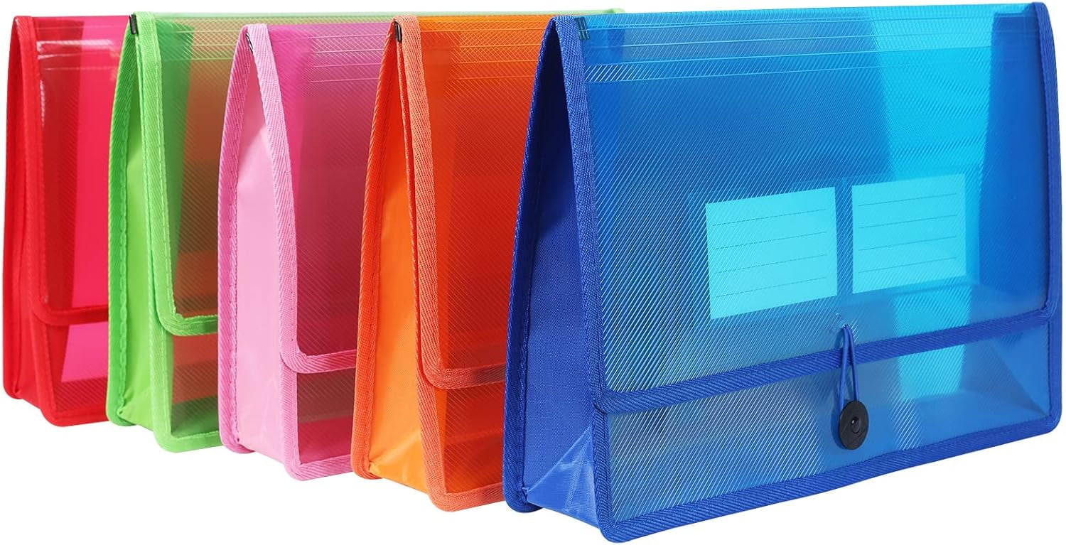 ABPETE Eco-Friendly Plastic File Folders, Expanding Poly File Wallet, Transparent Expandable Envelope Organizer Document Folder with Elastic Band and Button Closure, with Small Two Pockets, 5 Colors