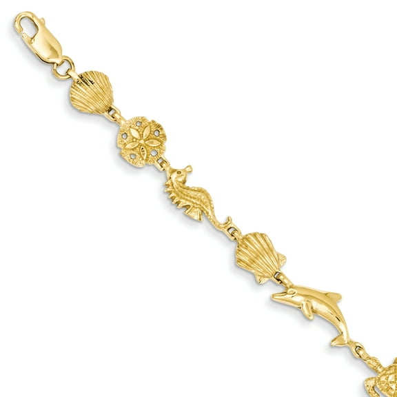 14K Yellow Gold Dolphin, Shell, Sand Dollar & Sea Horse Bracelet