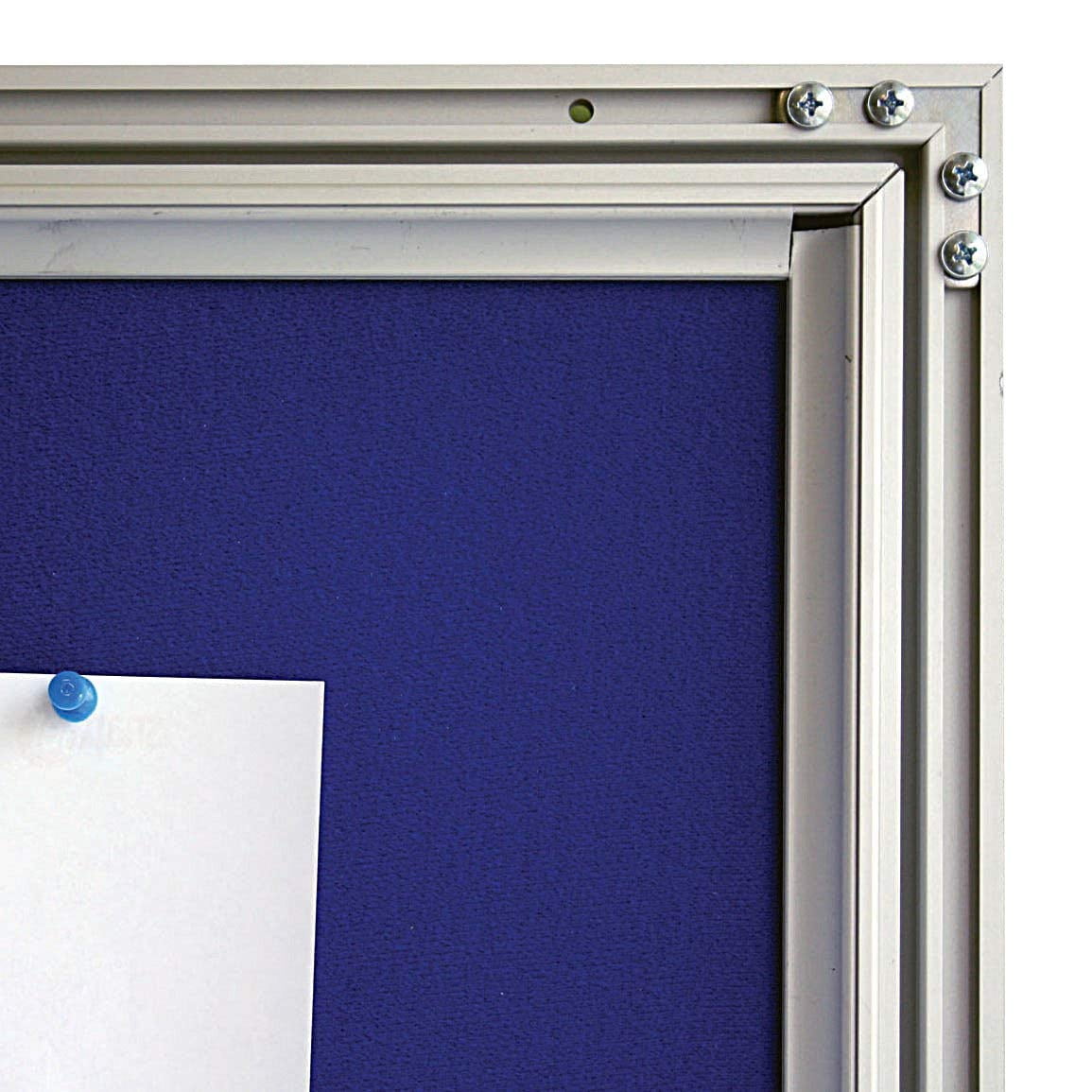 Enclosed Blue Felt with Cork Bulletin Board for Outdoor Use, 6x(8.5x11) Inch Paper Size, Lockable Silver Profile, Shatter Resistant Cover, Includes Keys Pins and Mounting Hardware