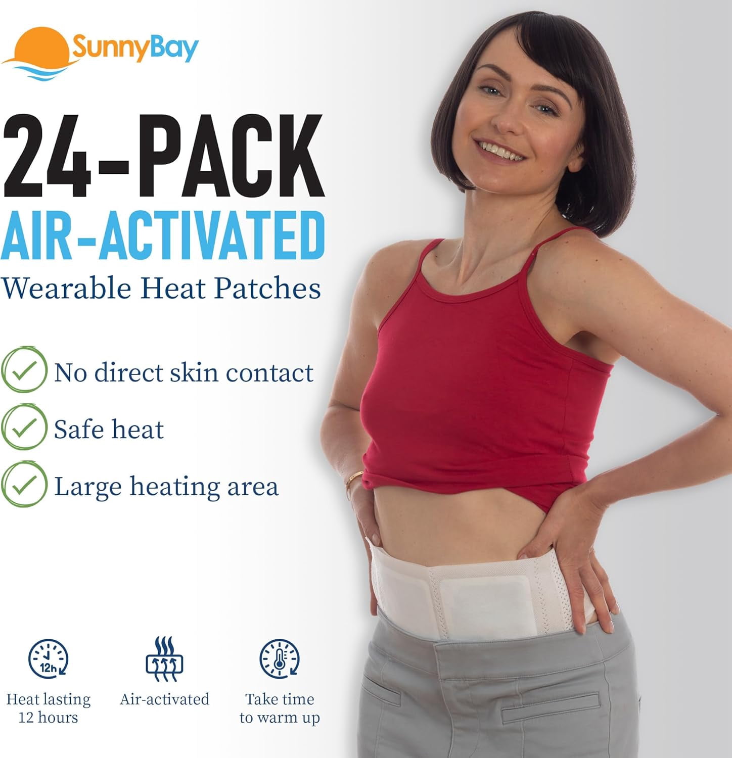 SunnyBay 24-Pack Pain Relief Patches for Lower Back Pain, 4 Wearable belts 42 inches long, Air-Activated Disposable Heat Pads for Menstrual Cramps, Neck, Shoulder, and More, Up to 113 °F Heat Therapy