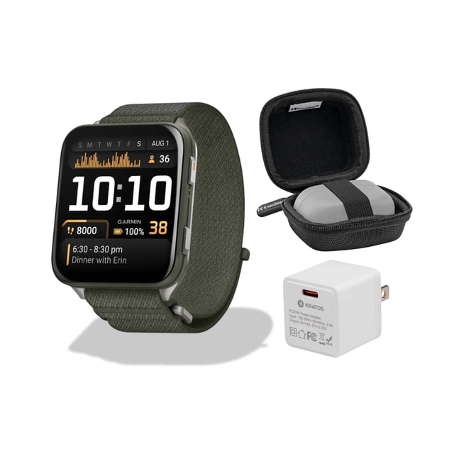 Garmin Venu X1 Moss con Tapa Trasera de Titanio y Banda ComfortFit de Nylon Moss Paquete con Estuche de Almacenamiento y Accesorio para Smartwatch (3 Artículos)