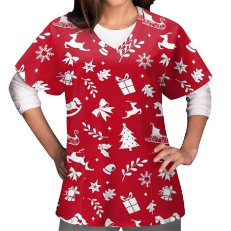 

Women s Scrub Tops Christmas Printed Short Sleeve V-Neck Fun T Shirts Casual Working Uniforms Blouse Scrub Shirt Workwear with Pockets