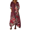 thumbnail image 2 of Heisall 2026 Spring Summer Boho Floral Printed Linen Maxi Dress V Neck Batwing Sleeve Oversized Kaftan Dresses with Pockets, 2 of 7