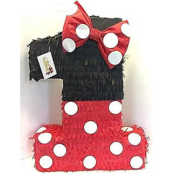 First Birthday Black & Red Number One Pinata with Bow 20" Mouse Themed Birthday Party Black & Red Party Supplies