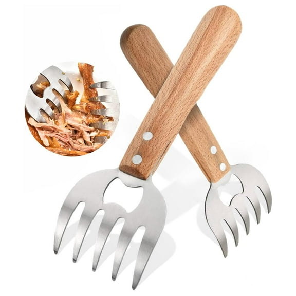 CNKOO 2Pcs Natural Color Meat Claws Chicken Shredder Shredding Forks for Meat 8.6" with Long Wood Handle Easily Lift, Shred and Cut Meat Claws for Pulled pork Stainless Steel Sharp Tips