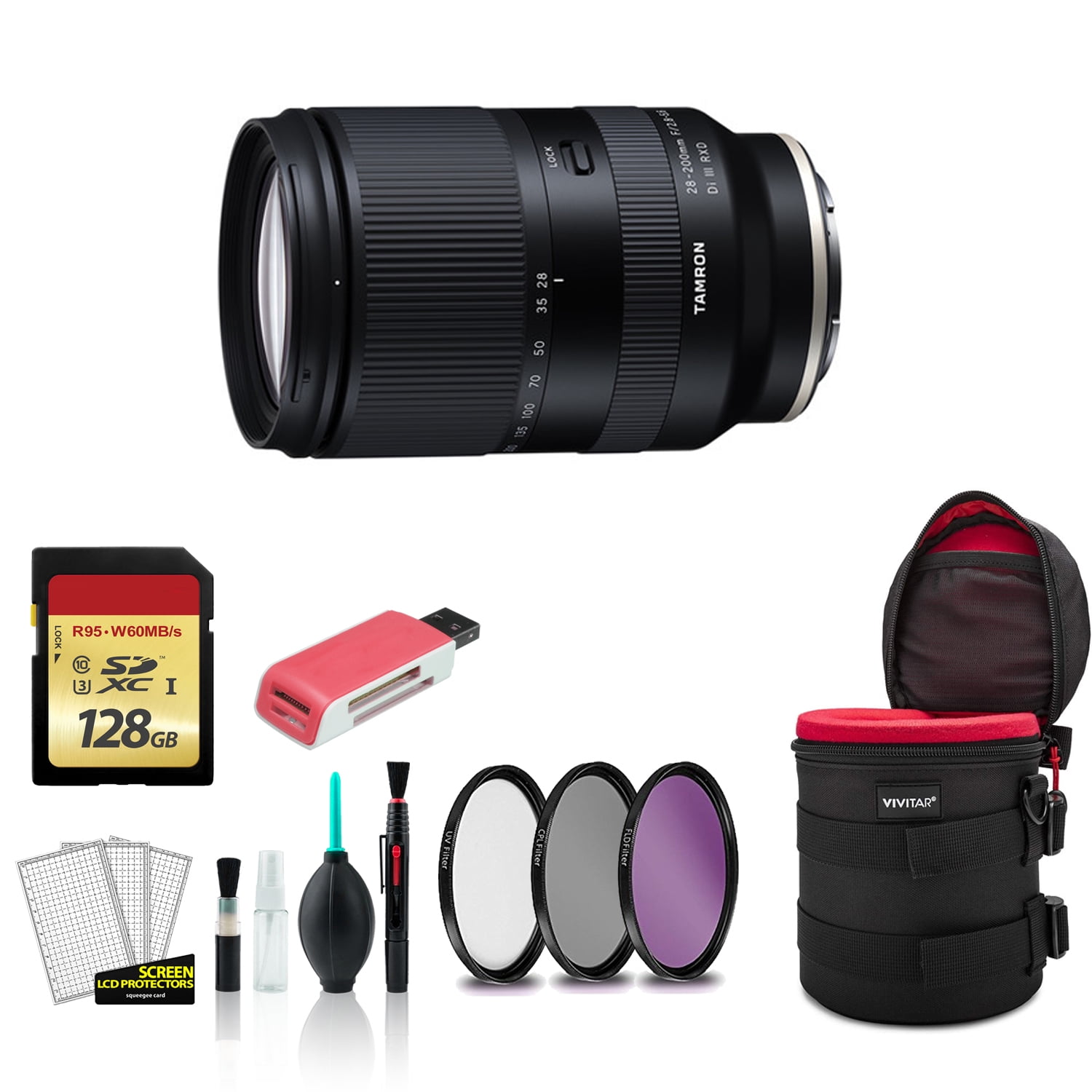 Tamron 28-200mm for Sony E f/2.8-5.6 Di III RXD Lens with 128GB Memory Card  + Padded Case + More (International Model)