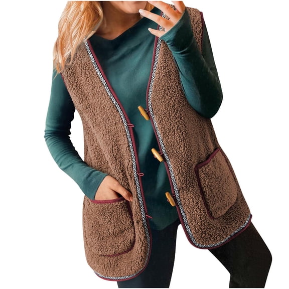 UYISJ Women's Casual Winter Fleece Vest Warm Open Front Sherpa Cozy Sleeveless Cardigan Outerwear Jackets Coats with Pockets Coffee XL