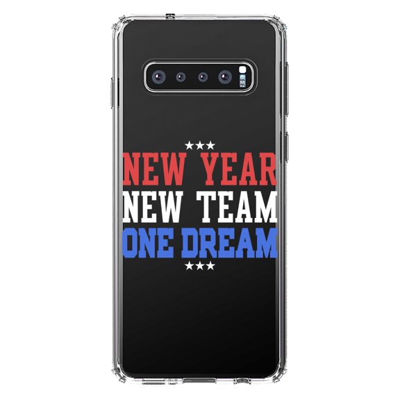 DistinctInk Clear Shockproof Hybrid Case for Samsung Galaxy S10 (6.1" Screen) - TPU Bumper Acrylic Back Tempered Glass Screen Protector - New Year New Team One Dream