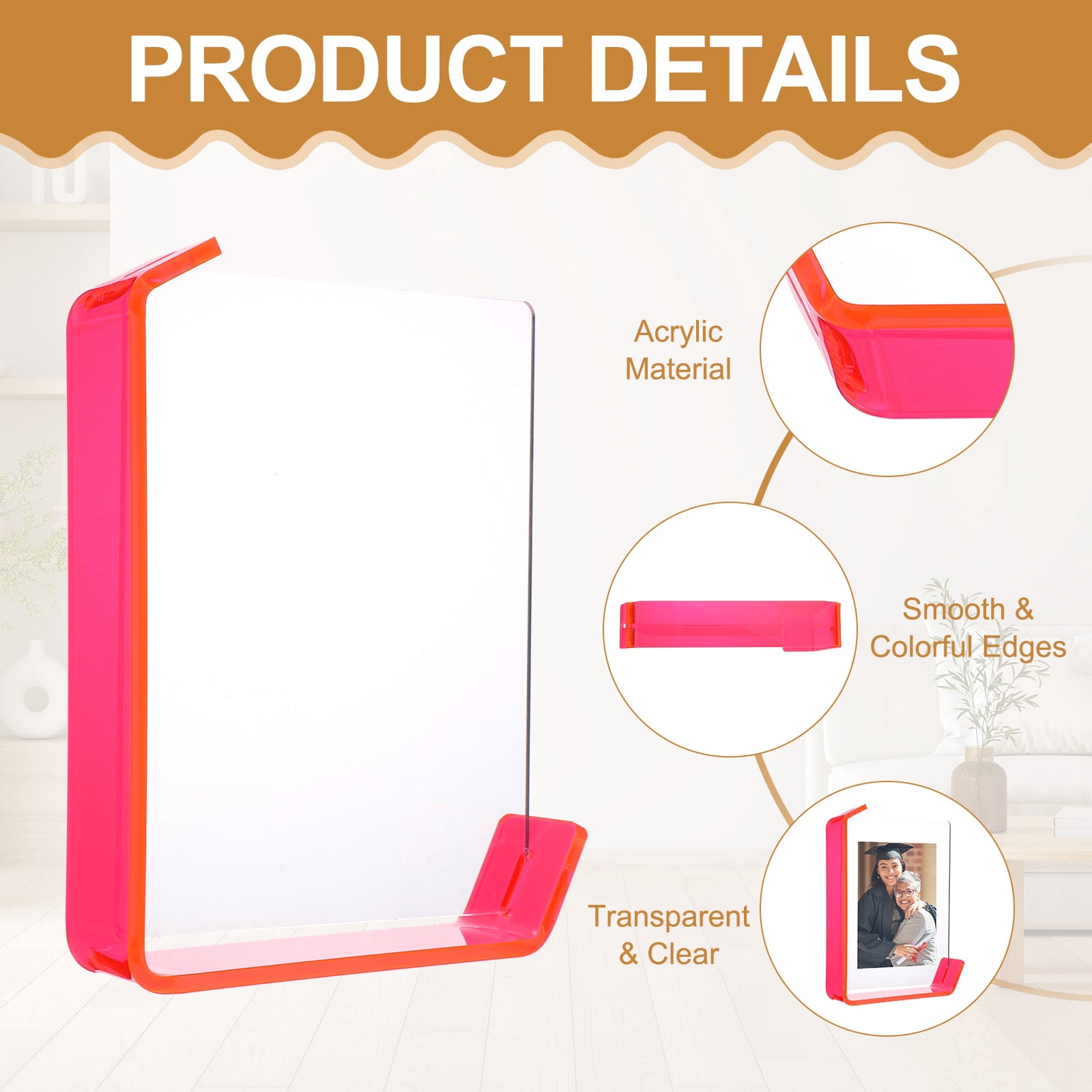 Unique Bargains Durable Acrylic Floating Picture Frame for Wall Fluorescent Red 5" x 7"
