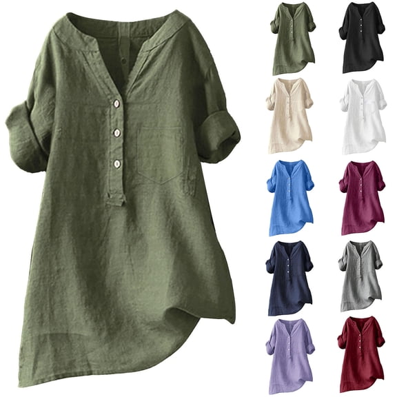 Miqool Women's Cotton Linen Blend Blouses Summer Short Sleeve V-Neck Shirts Casual Loose Fit Tunic Tops with Pocket