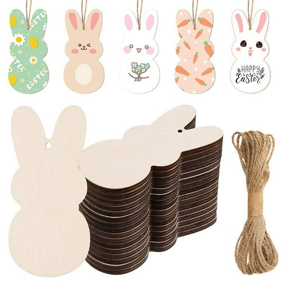 60 Pcs Unfinished Easter Bunny Wooden Ornaments Wooden Peep Bunny Cutouts to Paint Blank Wood- Slices