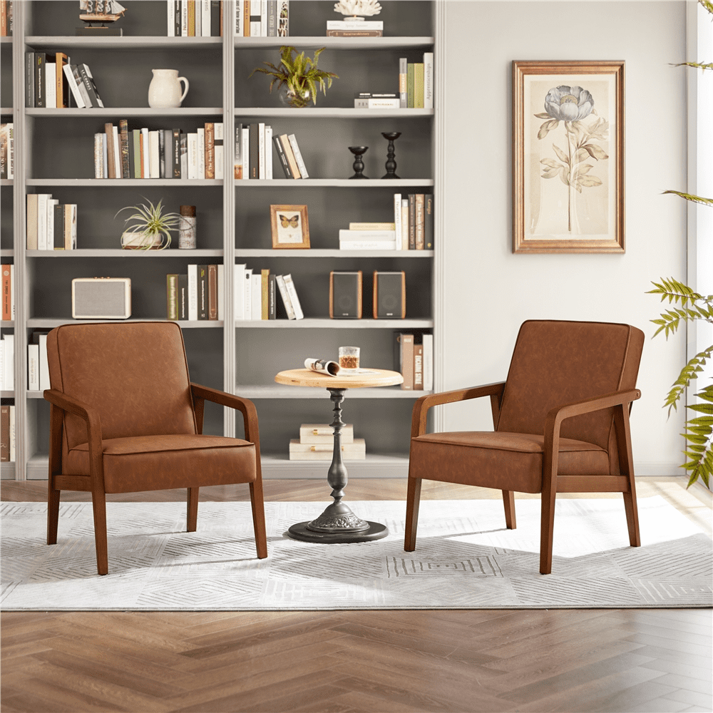 Renwick 2pcs Mid-Century Modern Upholstered Faux Leather Armchair, Light Brown