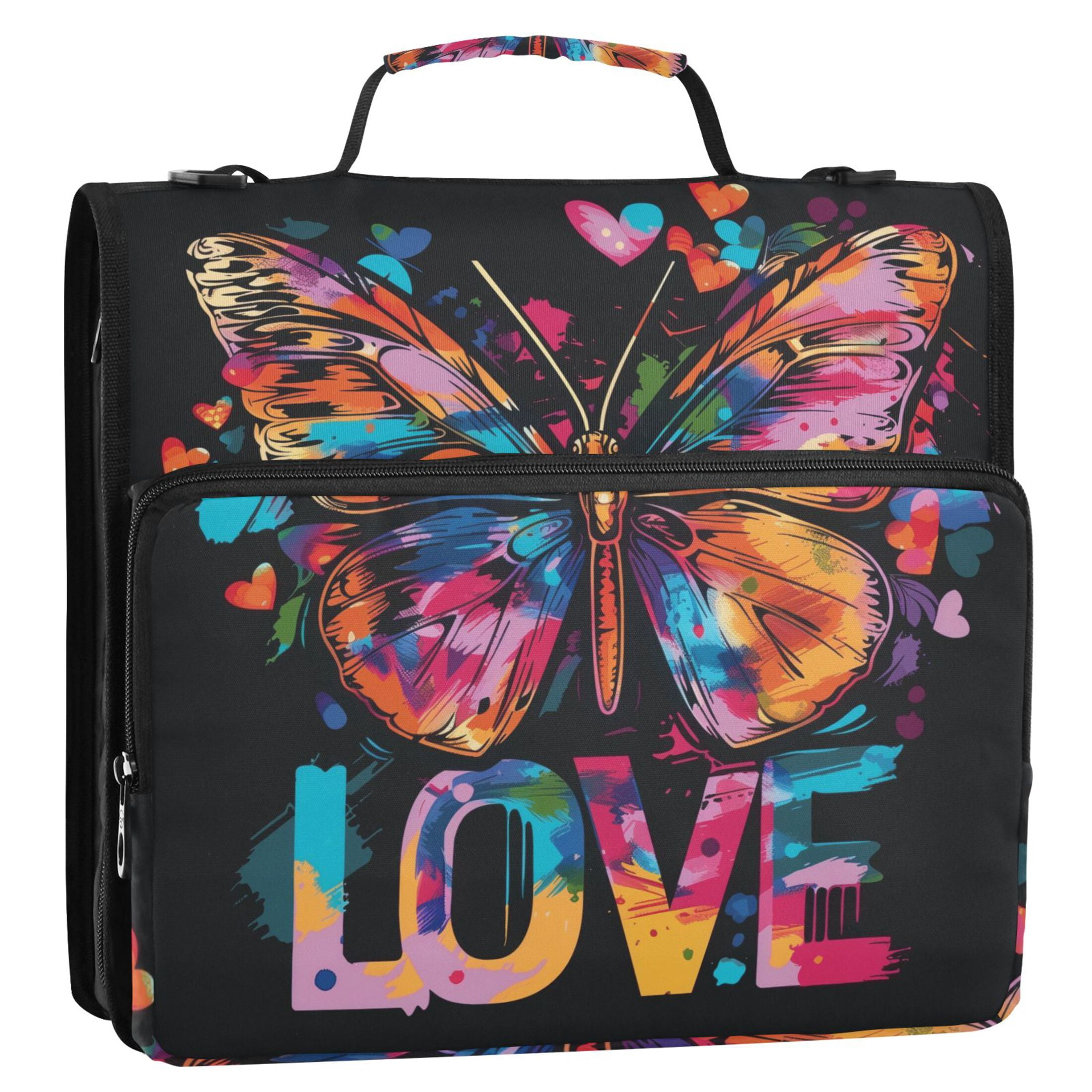 3 Ring Zipper Binder with Shoulder Strap Waterproof Trapper Keeper 2 Inch D-Ring 500 Sheets Capacity Butterfly and Love