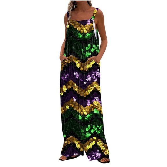 Womens Rompers and Jumpsuits Long Pant Women's Printed Jumpsuit Casual Button Pocket Sleeveless Wide Leg Trousers