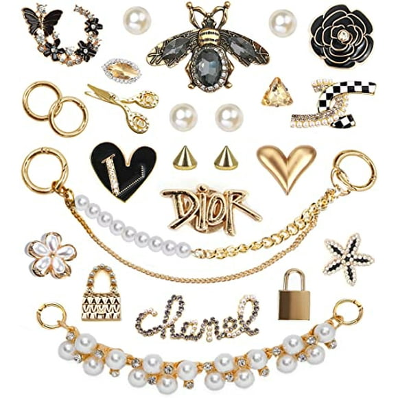 Designer Croc Charms Women Bling Accessories Charms Cute Aesthetic Black Girls Shoe Charms Buttons Croc Pins Jewels Bling Crock Jewelry Assecories Charms Decoration Set for Teens Teenagers Gold