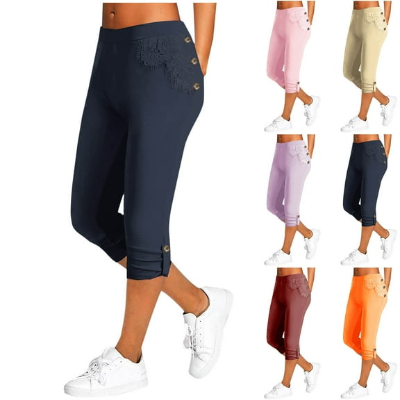 Eiyaclvo Capri Leggings with Pockets for Women High Waisted Workout Leggings Tummy Control Yoga Pants Lace Trim Athletic Gym Capri Pants