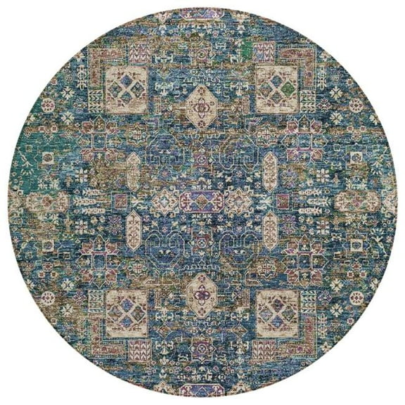 HomeRoots 579633 8 ft. Round Oriental Washable Indoor & Outdoor Area Rug, Green, Navy Blue & Ivory