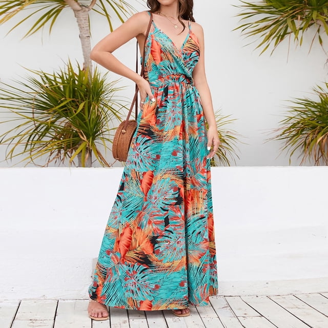 FcBaudy Camisole Sans Manches Robe Col en V, Robes d'Été pour Femmes, Robes Sans Manches Imprimées à Bretelles Longues Robe pour Femmes
