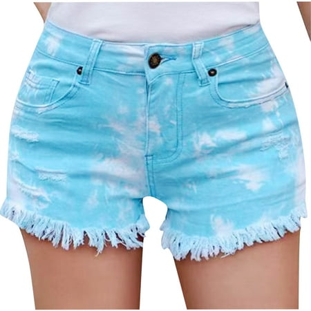 Summer Savings Clearance! PEZHADA Womens Shorts,Shorts for Women Casual  Summer,Jean Shorts,Fashion Print Denim Button Zipper Pockets Jean Shorts  Light