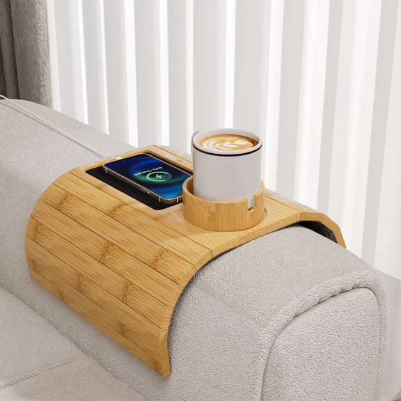 Enogets Bamboo Couch Armrest Tray, 360 Degree Rotating Cup Holder, Non-Slip