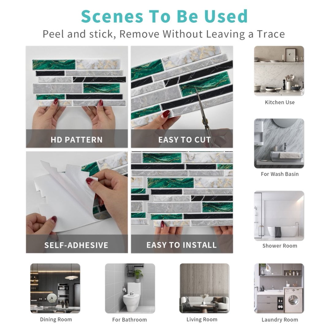 16 Pcs Tiles Decals Peel and Stick Backsplash Vinyl Marble Tile Stickers Kitchen Bathroom Wall Decor 9.68x4.72 Inch