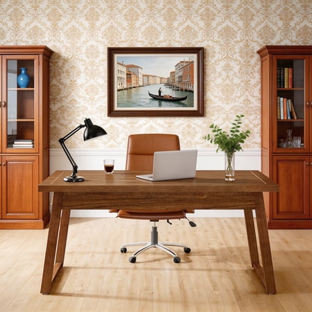 55 Inch Mid Century Modern Executive Desk Wooden Computer Desk With Drawer Study Writing Table Rustic Workstation Home Office Furniture (Walnut Brown)