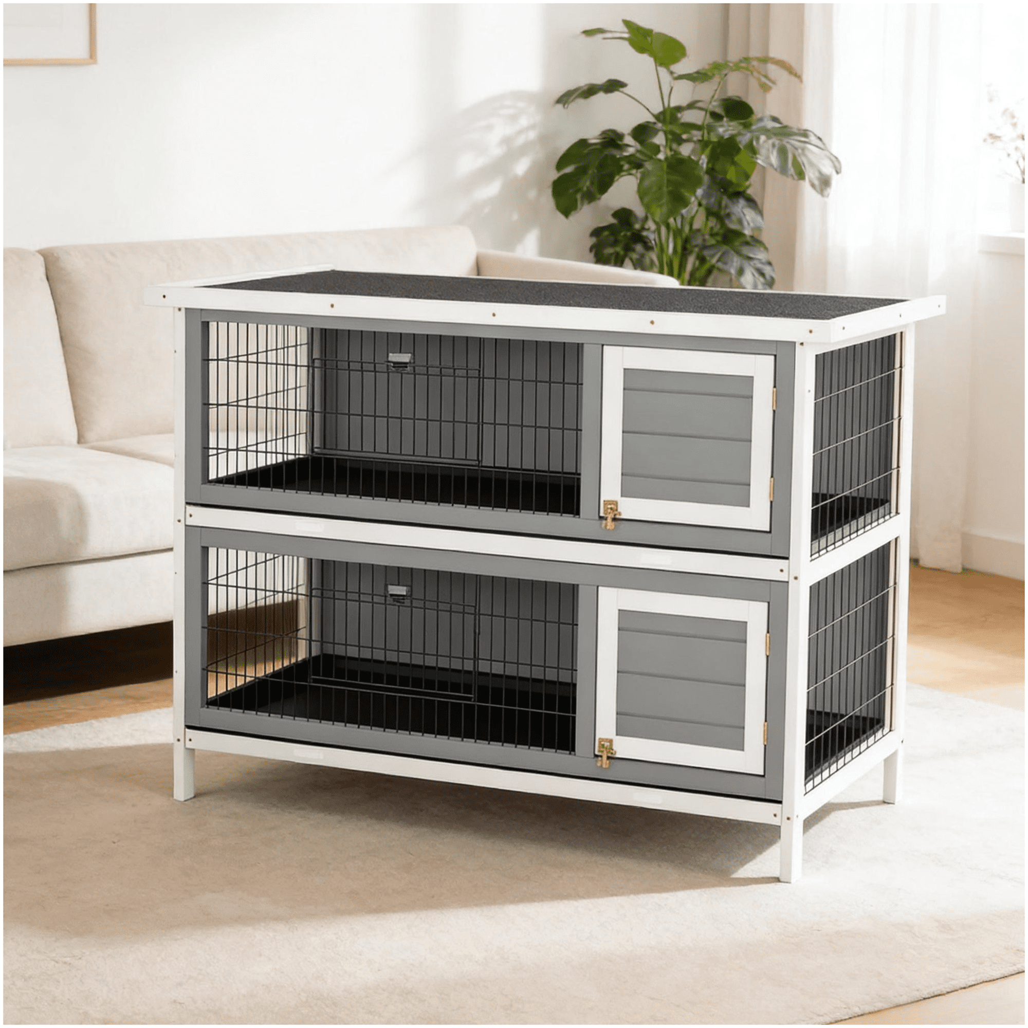 2-Story Rabbit Hutch with Easy-Access Doors and Removable Trays for Indoor Outdoor Use, Fir Wood and Wire, Dark Grey