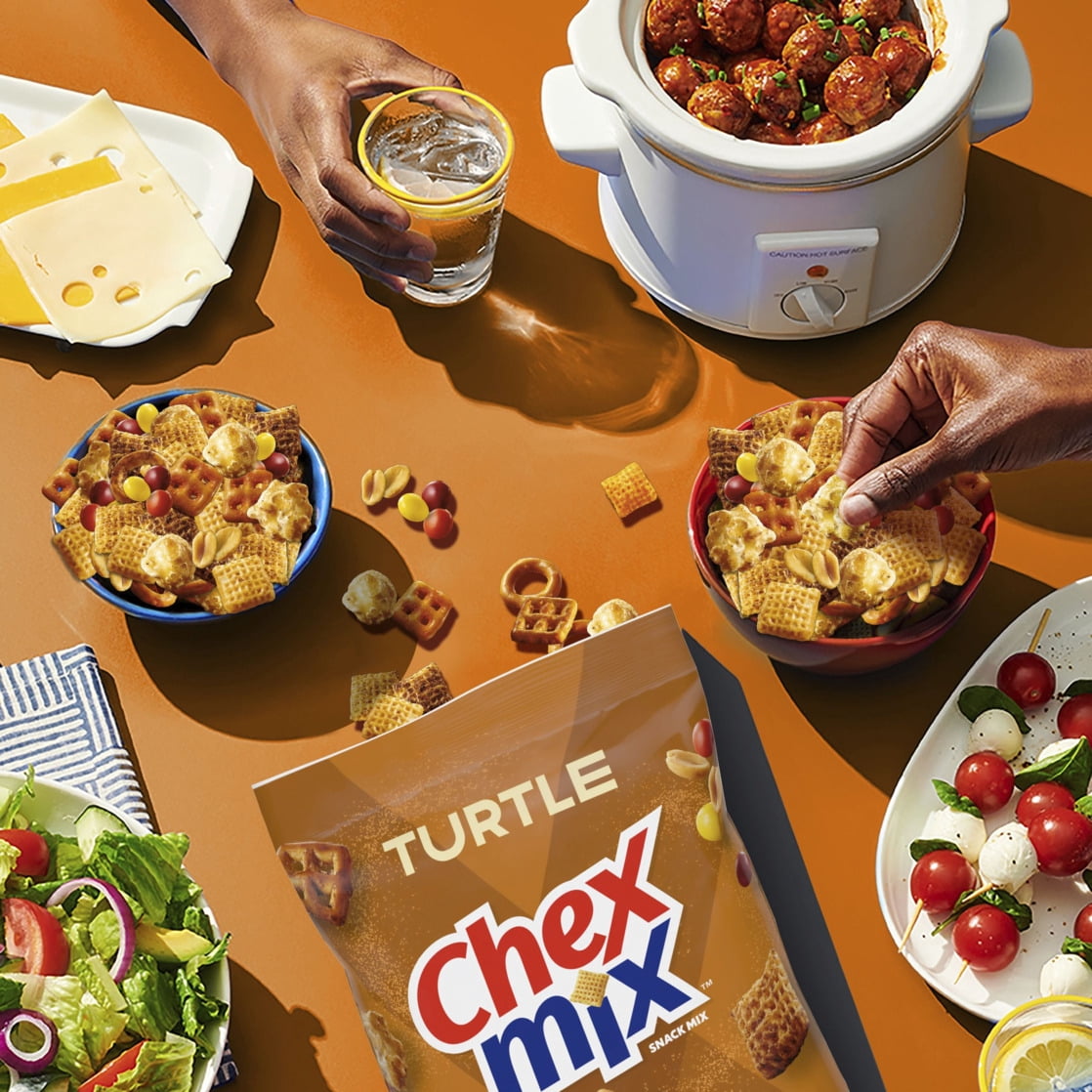 (4 pack) Chex Mix Turtle Snack Mix, Indulgent Snacks, Family Size, 13.5 oz