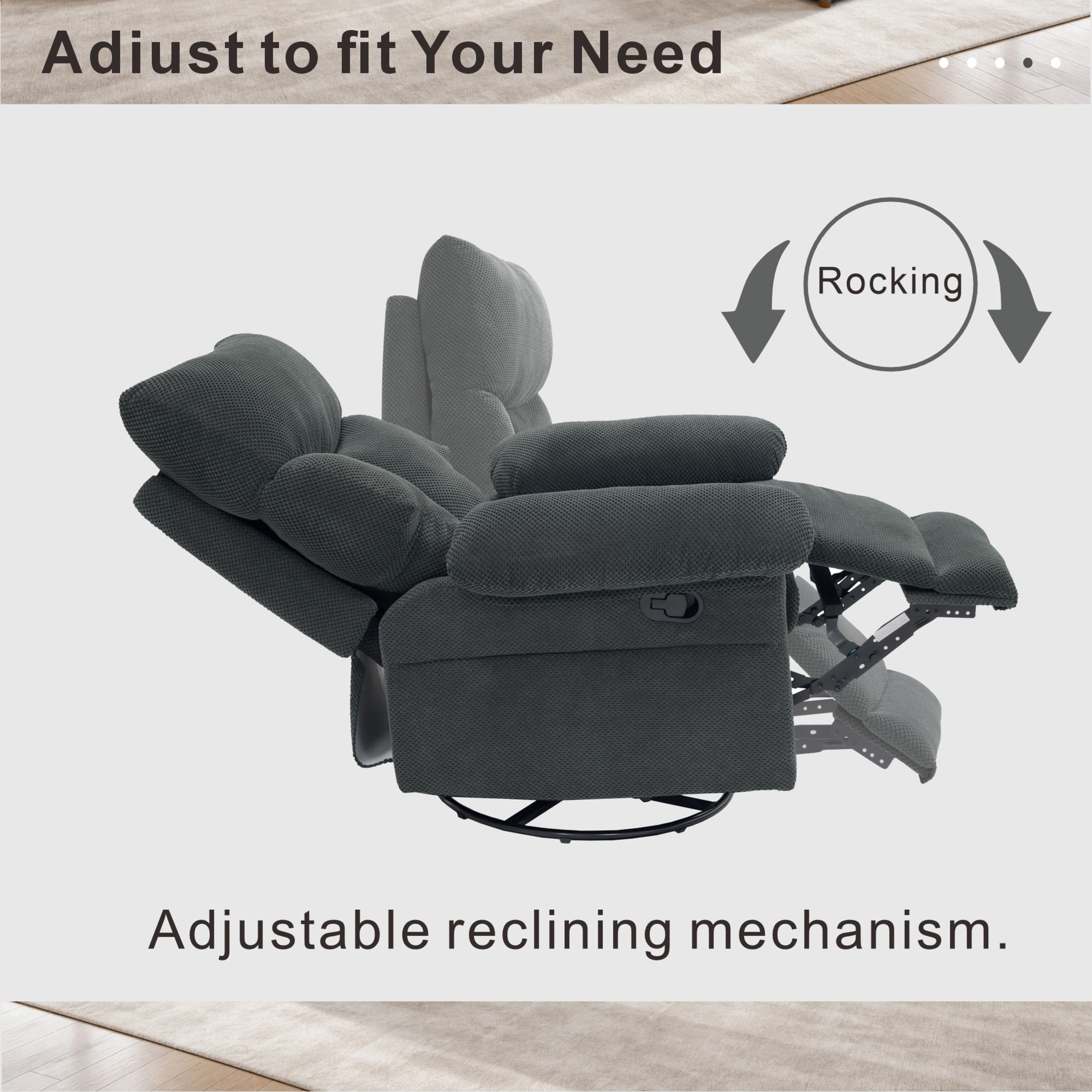 Noble House Modern Swivel Rocker Recliner Chair, Manual Glider Recliner with Textured Fabric, Dark Gray