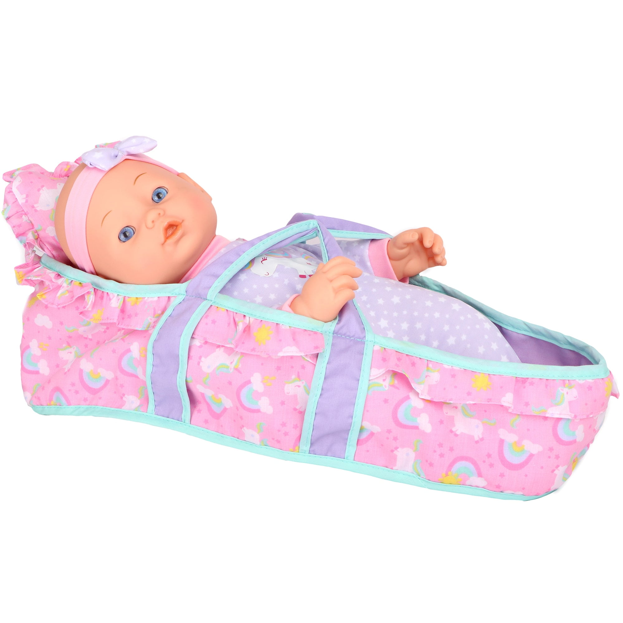Dream Collection: Deluxe 16" Baby Doll Traveling Set - Unicorn, Grey-Pink-Green - Plush Bear, Bag &Toy Care Accessories, Bassinet & Carrier, Kids 2+