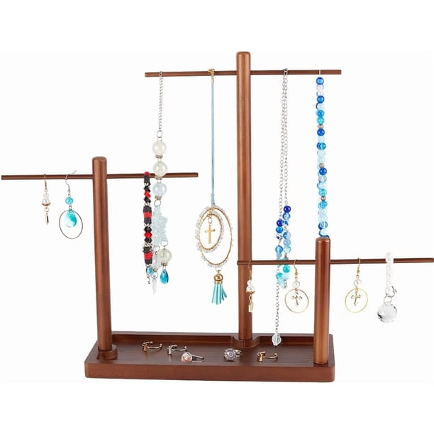 Organizador de joyas de 3 niveles para pulseras y collares, bandeja de madera con base de madera.