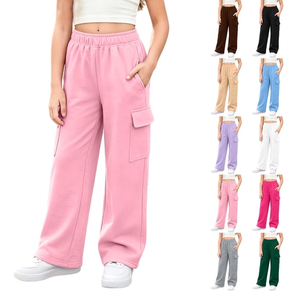 Nugftut Girls Sweatpants Kids Cargo Pants Preppy Wide Leg Baggy Sweat Pants Teen Casual Pants with Pockets Size 11-12