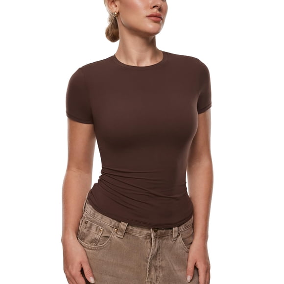 Remera INLYRIC Inbarely de doble capa, ajuste slim, marrón, talla pequeña