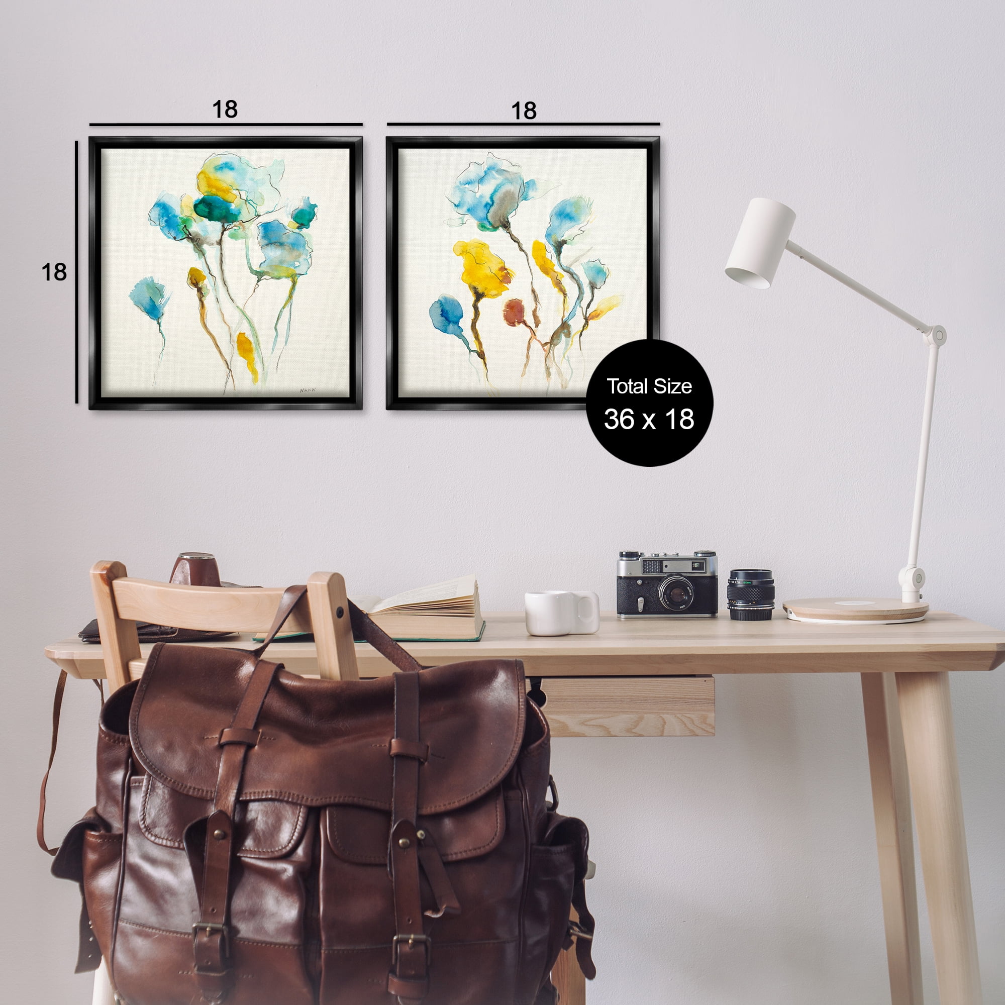 Stupell Industries Watercolor Teal & Yellow Flowers Abstract Painting Black Floater Framed Canvas Art Print Wall Art, 18 x 18, Set of 2
