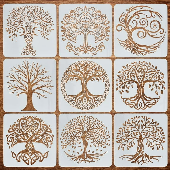 9 Pcs Trees of Life Painting Large Stencil 11.8x11.8" Celtic Tree Spiral Tree Twisted Tree Spraying Big Stencil Reusable Tree Branch and Leaves Wall Stencil Vibrant Trees Man Stencil DIY