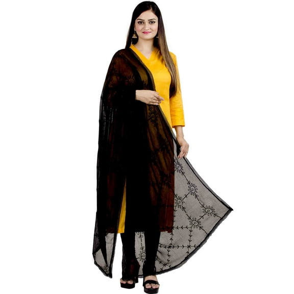 Chandrakala Women's Indian Black Aari work Chiffon Dupatta Neck Wrap Long Stole Scarf Chunni,Free Size (D182BLA)