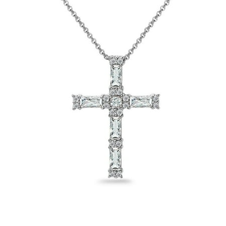 - Sterling Silver Baguette-cut Cross Necklace Created with Swarovski Zirconia