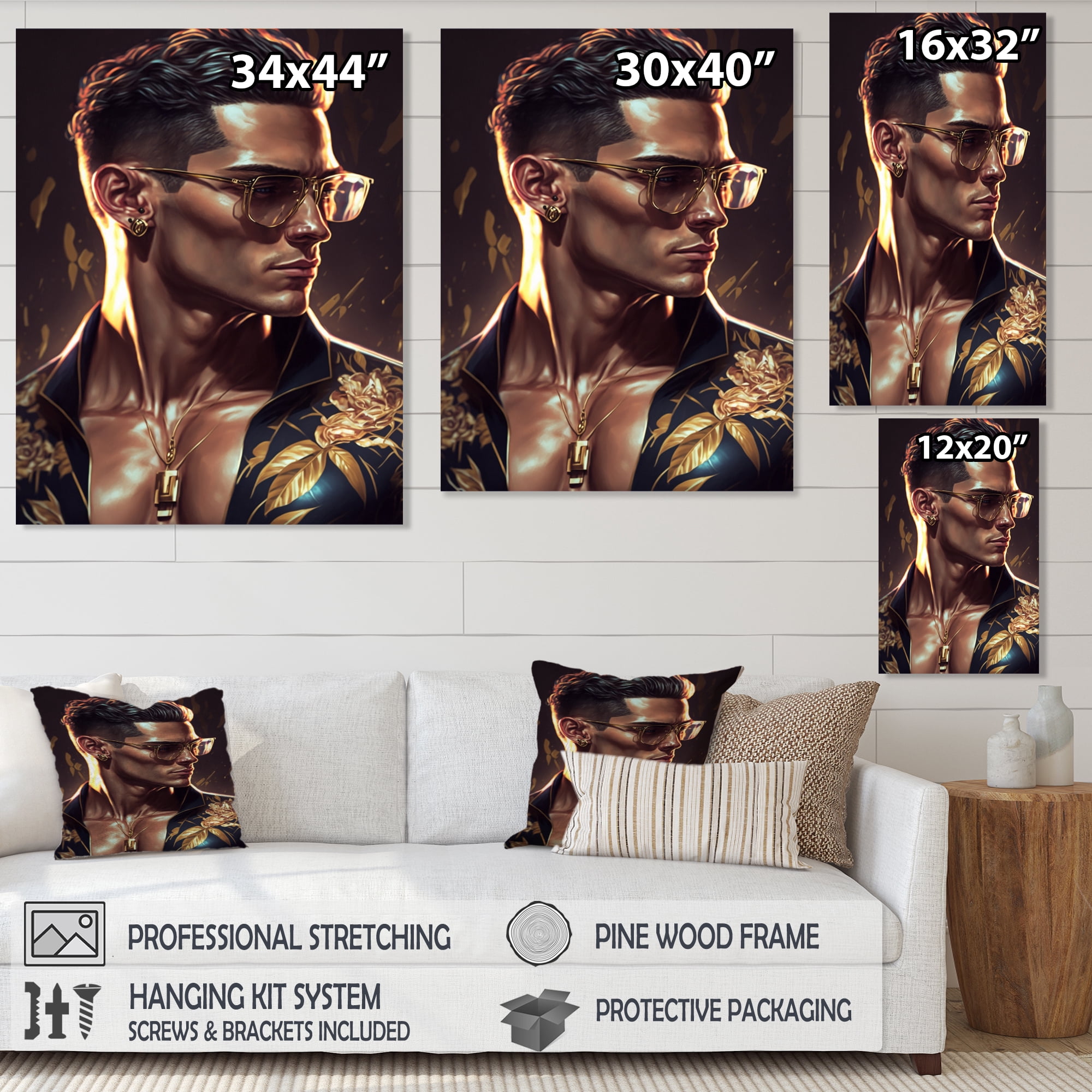 Designart Fashion Muscular Man With Sun Glasses II Canvas Wall Art