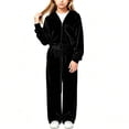 thumbnail image 2 of Girls 2 Piece Velvet Tracksuit for Ages 5‑12, Zip up Hooded Jacket and Elastic Waist Long Pants Soft Velour Outfit for Teen Girls Daily Casual Wear Black 9-10Years, 2 of 8