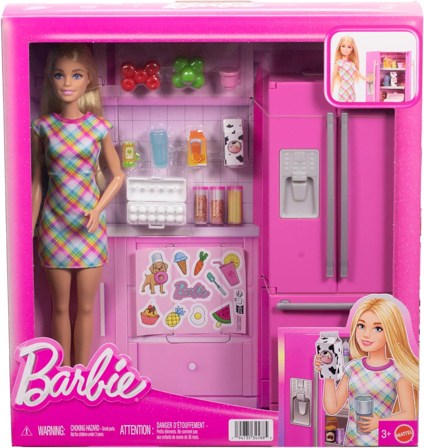 Barbie Doll & Kitchen Playset with Refrigerator & 10 Accessories Including Food Pieces, Plus Sticker Sheet