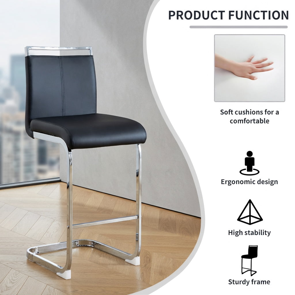 Hommoo Modern PU Leather Bar Stools Set of 6, Chrome C-Tube Metal Legs, Water-Resistant Upholstery, Easy Assembly for Kitchen, Home Bar, Restaurant & Terrace, Black