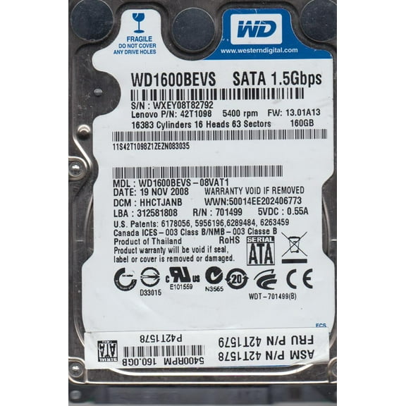 WD1600BEVS-08VAT1, DCM HHCTJANB, Western Digital 160GB SATA 2.5 Hard Drive