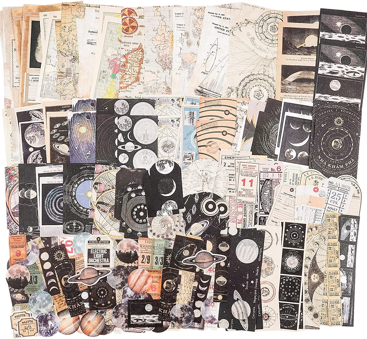 Scrapbook Supplies Pack, 200 Pieces, Paper & Stickers, Travel - Space -  Maps