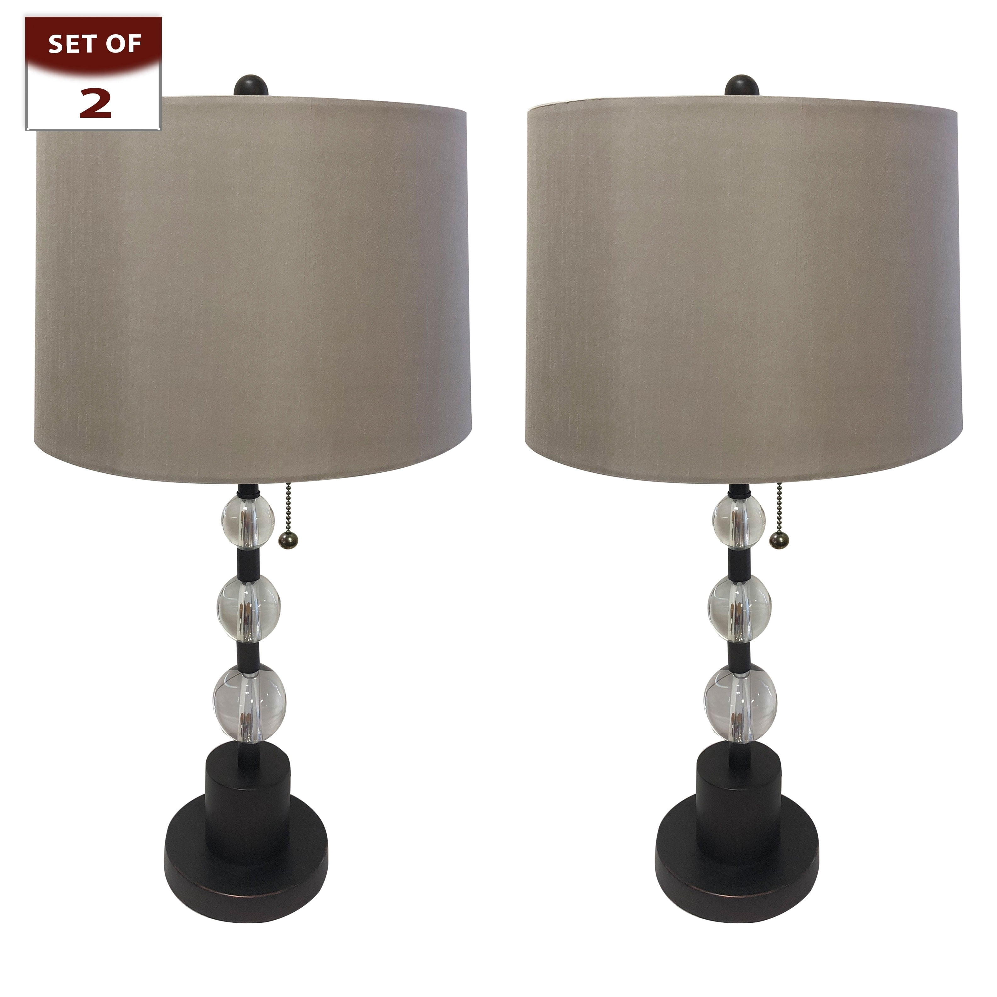 Royal Designs Oil Rub Bronze Lamp with Crystal Ball Accents and Gray Shallow Drum Hardback Lamp Shade, Se of 2