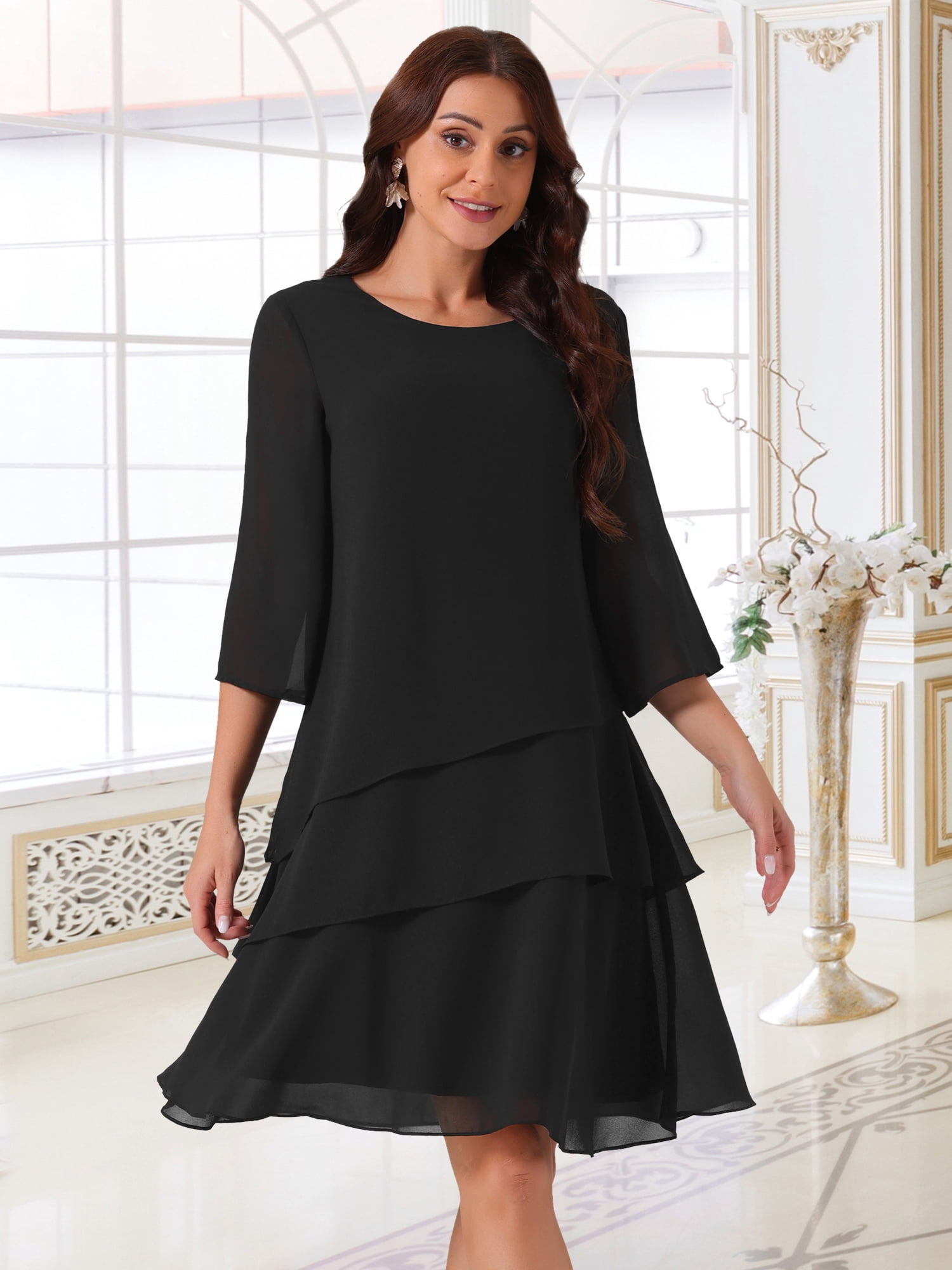 DARING DIVA Chiffon 3/4 Sleeve Tiered Layered Flowy Dress S Black
