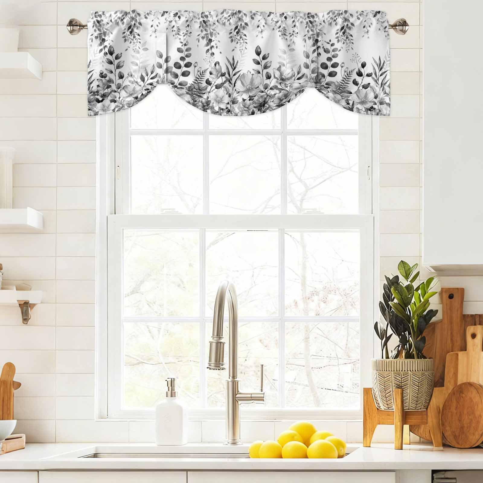 Tie Up Valance Curtain for Kitchen Farm Eucalyptus Leaf Rod Pocket Short Curtains Adjustable Tie-Up Shade Valances 54x18in Gradient Gray Flowers Window Treatment for Bedroom Bathroom