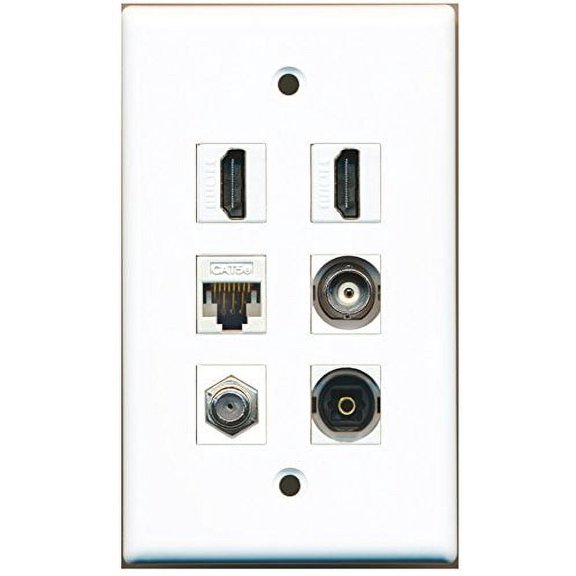 RiteAV - 2 HDMI 1 Port Coax Cable TV- F-Type 1 Port Toslink 1 Port BNC 1 Port Cat5e Ethernet White Wall Plate