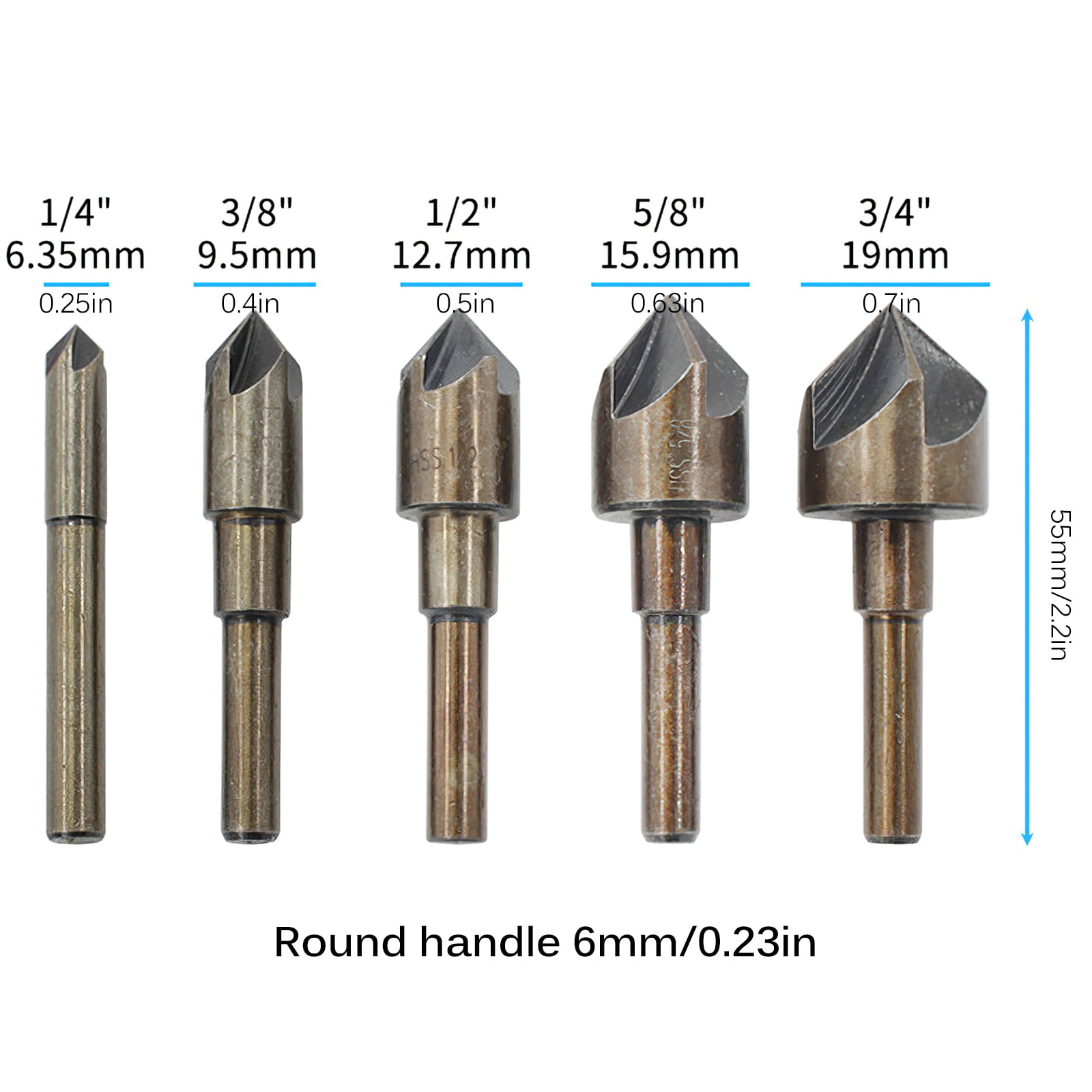 Details about   Industrial Countersink Drill Bit Set 5 Flute Round Shank 82 Degree 1/4" 5/8" 